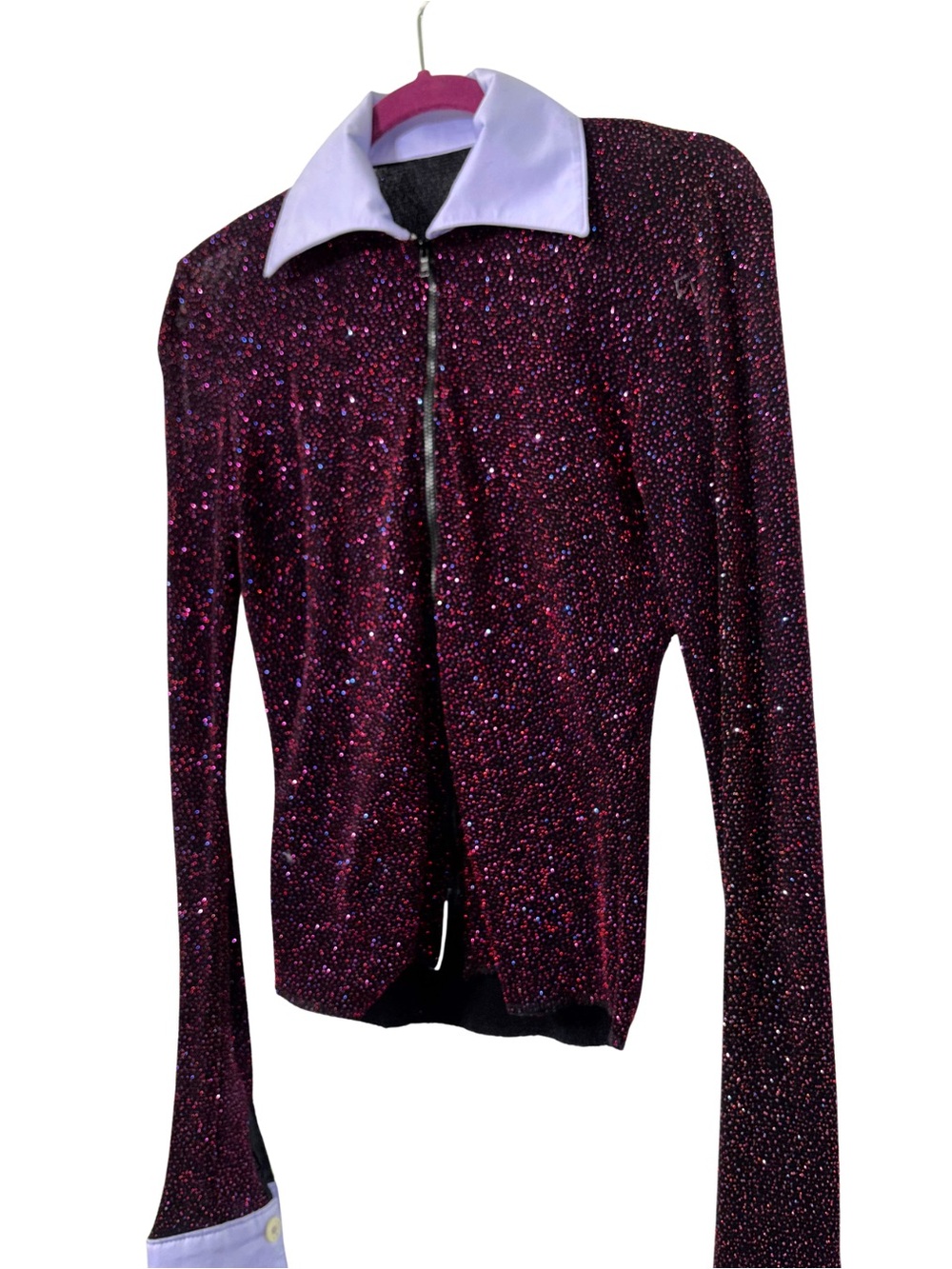 Sparkling Pink Sequin Zip-Up Top with White Collar